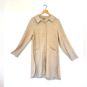 flax natural linen dress - long sleeve button down - S oversized EUC